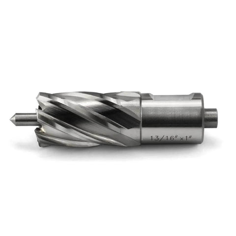 Side view of annular cutter, 13/16 in diameter, 1 in cutting depth, Weldon shank.