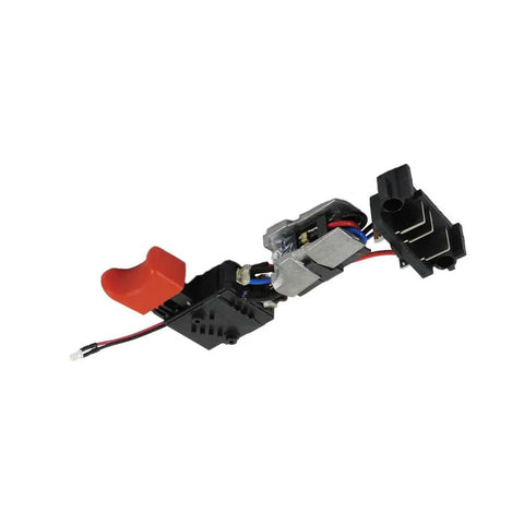 Straight Drop In Drill Switch Assembly For Porter Cable PCC620B PCC620LB Trigger Kit featuring red button and wiring exposed.