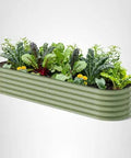 Olive Green 17 Inch Tall Nine In One Metal Raised Garden Bed Kit For Your Backyard Or Patio, full of vegetables and herbs.