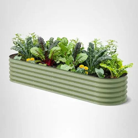 Olive Green 17 Inch Tall Nine In One Metal Raised Garden Bed Kit For Your Backyard Or Patio, full of vegetables and herbs.