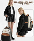 Woman using 40L rolling travel backpack for women in beige brown color