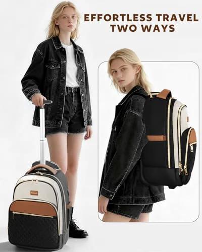 Woman using 40L rolling travel backpack for women in beige brown color