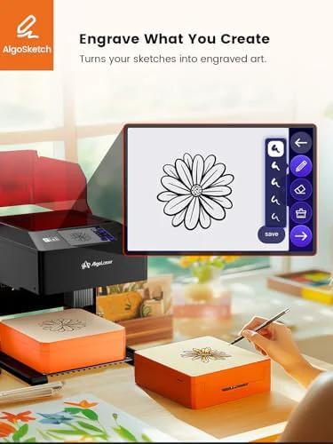 AlgoLaser 10W portable laser engraver; black unit with 3.5-inch touchscreen and orange base, AlgoSketch logo visible