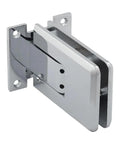 Top Shelf Polished Chrome Glass Door Hinge With Reliable Self Centering Design And Quick Height Tuning Fits 5/16 To 1/2 Inch Tempered Glass full view showing solid brass construction.