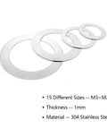 All-Purpose Stainless Steel Washer Set 320pcs Thin Gaskets 0.5/0.8/1mm Thick 15 Sizes M3 To M20 Includes 304 Stainless Shim Washers For Bolts And Screws Rustproof Heavy-Duty Fixes For Automotive Plumbing Furniture Electronics. 304 stainless shim washers, M3-M20, 1mm