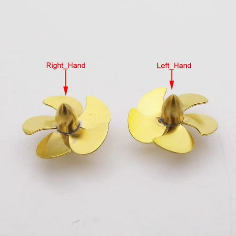 Five Blade Copper Propeller For RC Boats And Submarines, Fits 2mm Shaft, 12mm To 22mm Sizes, Right Hand D20mm Color, Replacement Part For Scale Marine Models, Mini Propeller Set, showing both right-hand and left-hand propellers on display.