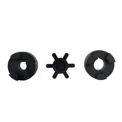 Heavy Duty Log Wood Splitter Beefy L Jaw Coupling Set One To One And One Half Inch Bore Three Piece L110 With Buna N NBR Rubber Spider Includes Two Halves And Insert Durable Shaft Adapter For Smooth Power Transfer. L110 jaw coupling set with two steel halves and Buna N spider