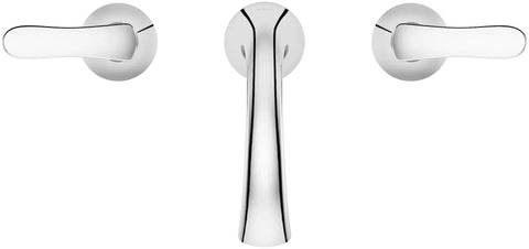 Weller 8 Inch Widespread Bathroom Faucet With Three Hole Setup Dual Handles Dope Chrome Finish Metal Pop Up Drain One Point Two GPM Flow Vanity LG49WR0C showing front view of the spout and handles.