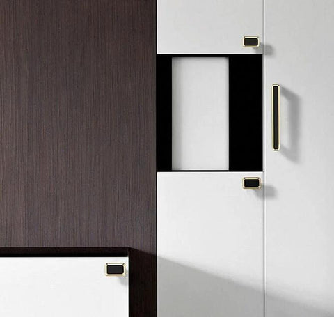 2 Pack 5.0 Inch Hole Center Zinc Alloy Square Cabinet Handles In Black Gold Finish on modern white and wood cabinet doors