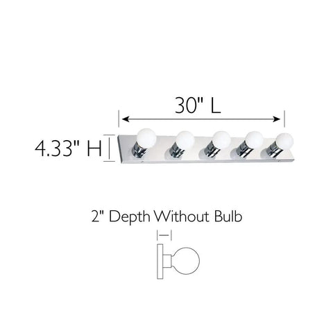 Diagram of Five Light Vanity Strip Light Dimmable Polished Chrome Fixture dimensions for bathroom and bedroom makeup vanity install