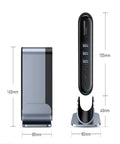 Slick 16 In 1 Usb C Hub Docking Station Featuring 4K Hdmi Vga Gigabit Ethernet Rj45 And Usb 3.0 Ports With Pd Fast Charging For Laptops side and front view with dimensions shown.