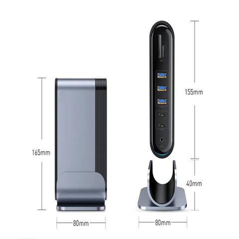 Slick 16 In 1 Usb C Hub Docking Station Featuring 4K Hdmi Vga Gigabit Ethernet Rj45 And Usb 3.0 Ports With Pd Fast Charging For Laptops side and front view with dimensions shown.
