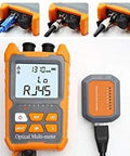 Front view of orange mini optical fiber power meter with LCD display and VFL probe module