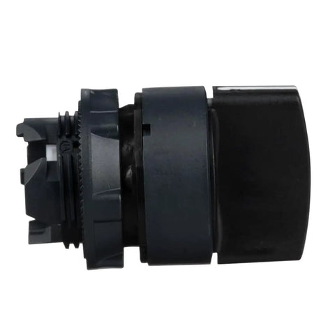 Side view of Harmony XB5 Two-Position Selector Switch Head with Stay Put Mechanism, dark gray bezel for 22mm cutouts.