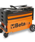 Collapsible Rolling Tool Cart With Locking Drawers, Heavy Duty Metal Trolley, Four Inch Wheels, Orange, Folded View