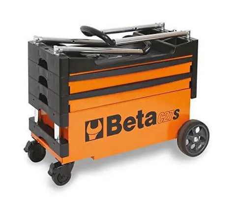 Collapsible Rolling Tool Cart With Locking Drawers, Heavy Duty Metal Trolley, Four Inch Wheels, Orange, Folded View