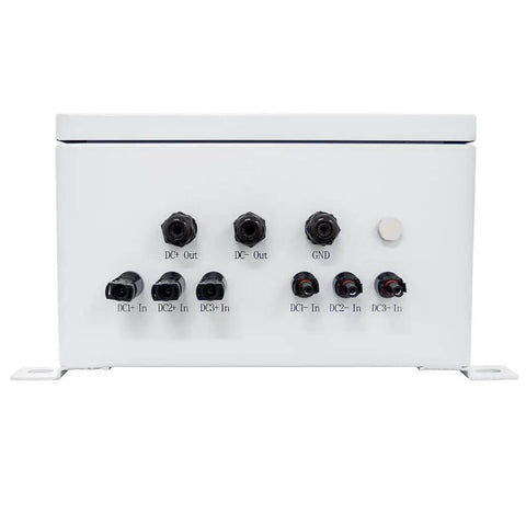 Built Tough 3 String Solar Array Combiner Box With Prewired MC4 Plugs 60 Amp 200 Volt For 10Kw Photovoltaic Panels featuring input/output ports.