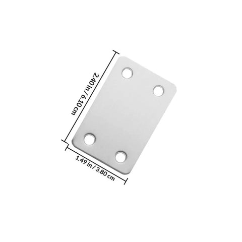 Close-up of Stainless Steel Flat Plate Brackets With Screws, 20 Pack For DIY Projects And Home Improvement, showing dimensions.