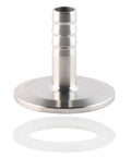 Front view of Metaland stainless 1.5 inch tri-clamp to 3/8 inch barb sanitary adapter with gasket