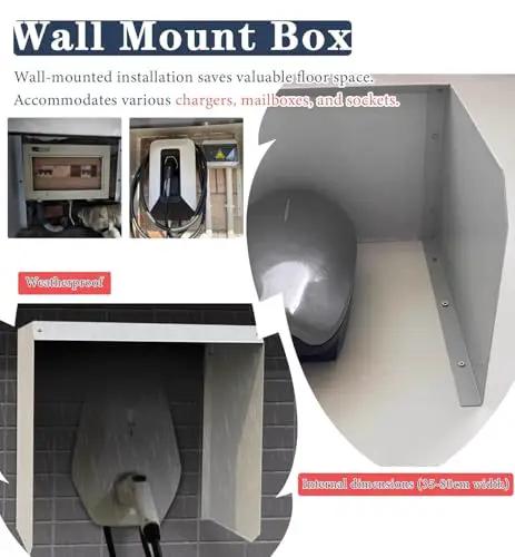 Rugged Outdoor Wall Mount EV Charger Enclosure Shields Tesla Cables During Heavy Rain Hella Waterproof Housing blocks wind.