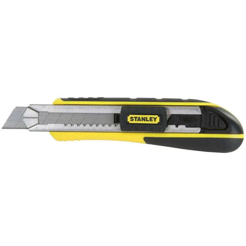 FatMax Snap-Off Knife 18mm Heavy Duty Utility Knife with rust-resistant stainless barrel and 6-blade cartridge, side view