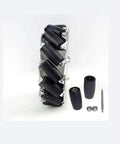 Side view of 152 mm Mecanum wheel assembly for toy with black rollers and ball bearings (left wheel)