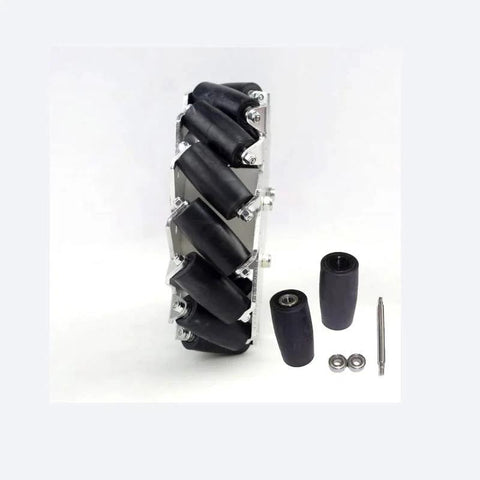 Side view of 152 mm Mecanum wheel assembly for toy with black rollers and ball bearings (left wheel)