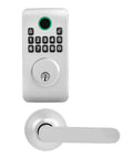Rock Solid Keyless Entry Door Lock Set Featuring A Super Slick Silver Keypad Deadbolt With Comfortable Lever Handles For Hassle Free Setup And Tight Security, showing keypad and lever handle.