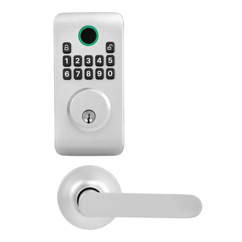 Rock Solid Keyless Entry Door Lock Set Featuring A Super Slick Silver Keypad Deadbolt With Comfortable Lever Handles For Hassle Free Setup And Tight Security, showing keypad and lever handle.