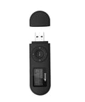Black 8GB USB MP3 Player with FM Radio expandable to 32GB, showing USB connector and control buttons.