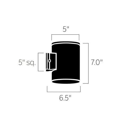 Diagram of Textured Black LED Outdoor Wall Light With Integrated 3000K LED, Aluminum Wet Location Downlight, size 7x6.5x5 inch.