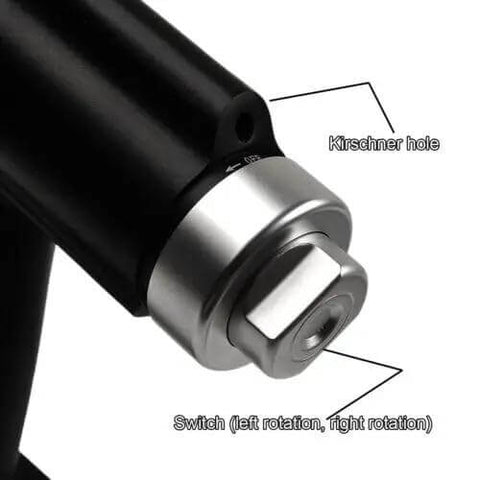 Heavy Duty Veterinary Orthopedic Electric Bone Drill With Slick Variable Speed And Hospital Grade Sterilizable Cannulated Body For Pro Level Pet Surgery And No Hassle Animal Clinic Use close-up of switch and Kirschner hole detail.