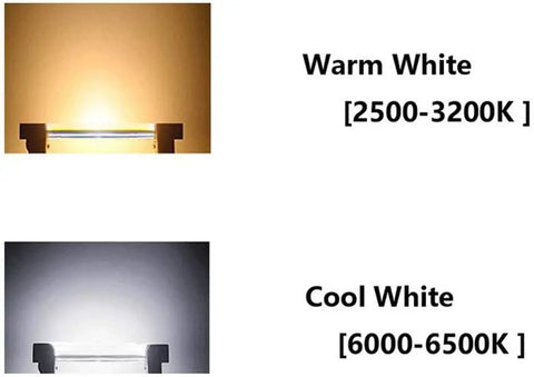 Image showing 20W R7S LED Bulbs 118mm 3000 Lumens Dimmable Cool Daylight 6000K and Warm White light comparisons.