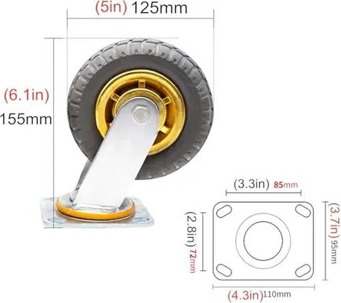 Premium Rubber Swivel Casters Set Of Four Heavy Duty Furniture Wheels For Carts And Shelves Roll Smooth As Butter With Dual Precision Bearings Noise Free And Built Tough shown in measurement diagram with dimensions.
