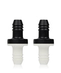 Two inline vacuum check valves, 3/8 in / 10 mm, ABS, barbed white bodies with black caps.