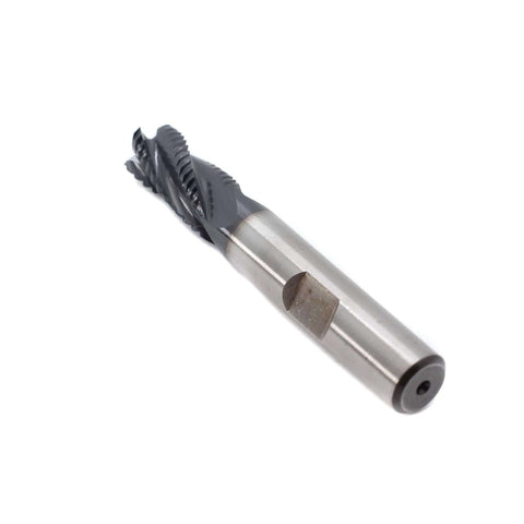 Side view of roughing end mill, HSS square-nose, 4-flute, 3/8 in shank, 3/4 in flute length