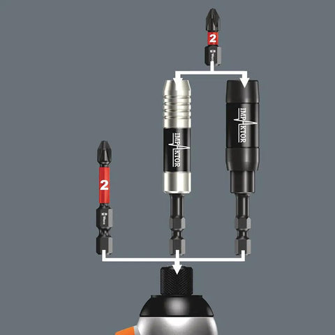 1/4-Inch Hex Drive Impaktor Bit Holder With Ring Magnet For Impact Drivers, Alloy Steel Construction, Carded Packaging, Made In Germany, Cushions Impulse Peaks And Keeps Bits Secure For Tough Jobs shown in assembly configuration.