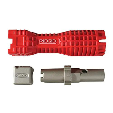 No Fuss Under Sink Faucet Install And Removal Wrench With 6 Sided Cube Insert For Five Eighths, Three Quarters, Seven Eighths, Fifteen Sixteenths And One Inch Nuts Ridgid EZ Change Tool For Faucets, Valves, Supply Lines, And Basket Strainers, showing wrench components