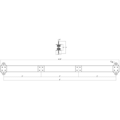 Technical diagram of Aluminum Lifting Spreader Beam 4400 LBS 2 Ton Capacity 6 Foot Length with measurements for industrial use.
