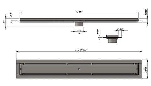 High Grade 304 Stainless Steel Linear Shower Drain 60 Inch with dimensions and details for bathroom floor installation.