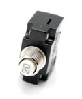 Headache Free Push Button Resettable Circuit Breaker With Slick Quick Connect Terminals For Auto And Marine Builds close-up view showing compact design and reset button.