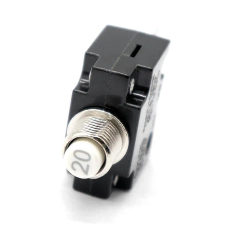Headache Free Push Button Resettable Circuit Breaker With Slick Quick Connect Terminals For Auto And Marine Builds close-up view showing compact design and reset button.