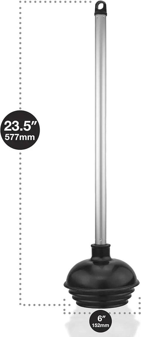 Heavy Duty All Angle Toilet Plungers Three Pack With Sturdy Aluminum Handles and Patented Flex Suction Cups shown in 23.5" height.