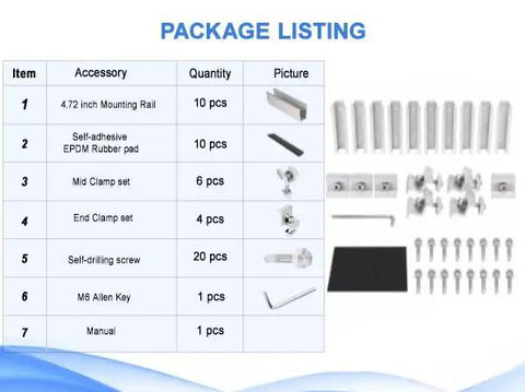 Package listing for Kickass Heavy Duty Anodized Aluminum Solar Panel Roof Mount Hardware Kit for Four Panels Side By Side