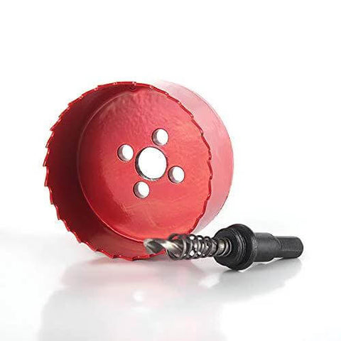 4-inch red M42 HSS bi-metal hole saw with pilot drill and arbor for wood and plastics
