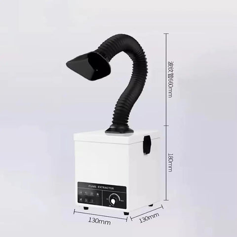 Grab This Powerful Desktop Soldering Fume Extractor Featuring A Flexible Bendy Hose With Killer Suction To Clear Out Nasty Smoke Fast During Electronics Repair And Diy Soldering Work - White box with adjustable black hose.