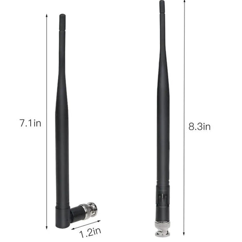 Two black antennas, 7.1in and 8.3in, with BNC male connectors for 4 Pack UHF Wireless Antennas With BNC Male Connectors For Wireless Microphone Receivers Omnidirectional 6dBi Gain 400MHz To 960MHz Great For Multi Receiver Setups Karaoke Venues Pro Audio And RF Gear.