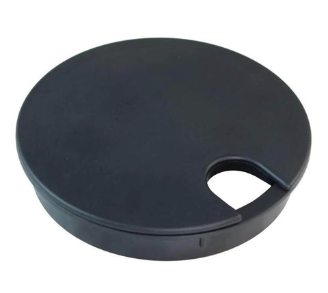 Black Round Wire Management Grommet with removable lid for 4 inch cut hole, 3.74 inch usable diameter, made of rigid PVC plastic.