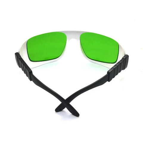 Heavy Duty Clear Laser Safety Glasses Featuring Rock Solid Optical Density Ratings For Erbium And Near Infrared Lasers with green lenses from back view.