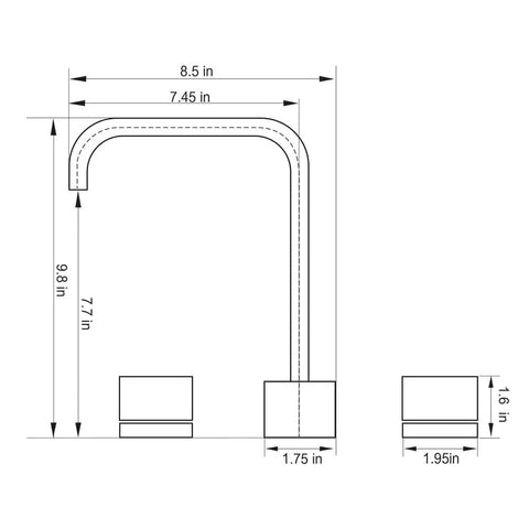 Technical drawing of Brushed Nickel Two Handle Widespread Bathroom Sink Faucet, Solid Brass Construction, 8 Inch Center